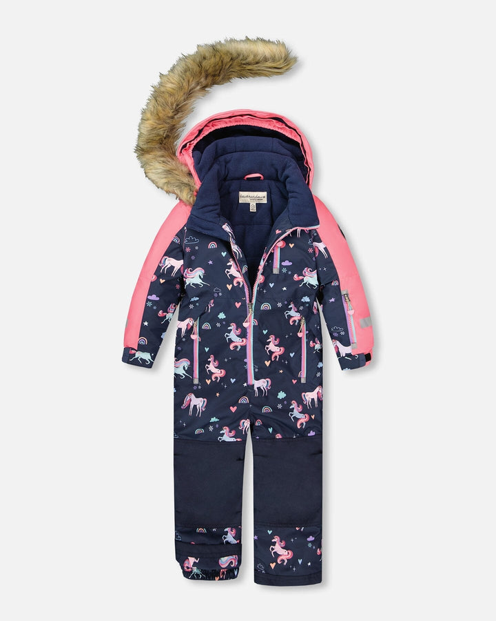 One-Piece Play Snowsuit Navy Unicorn Print