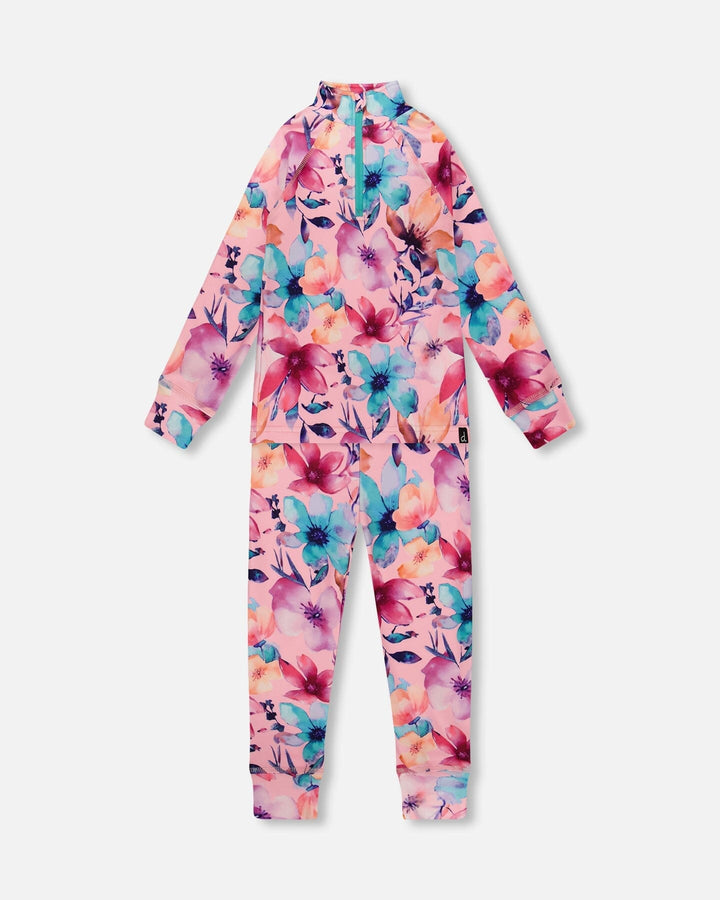 Two-Piece Thermal Underwear Set Pink Watercolor Flower Print