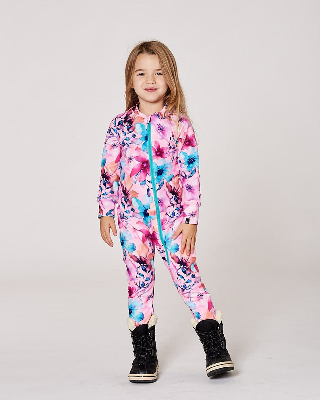 One-Piece Thermal Underwear Pink Watercolor Flower Print