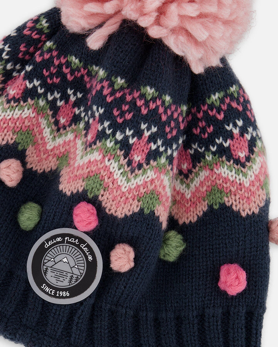 Lined Peruvian Knit Pompom Hat Navy Blue And Pink