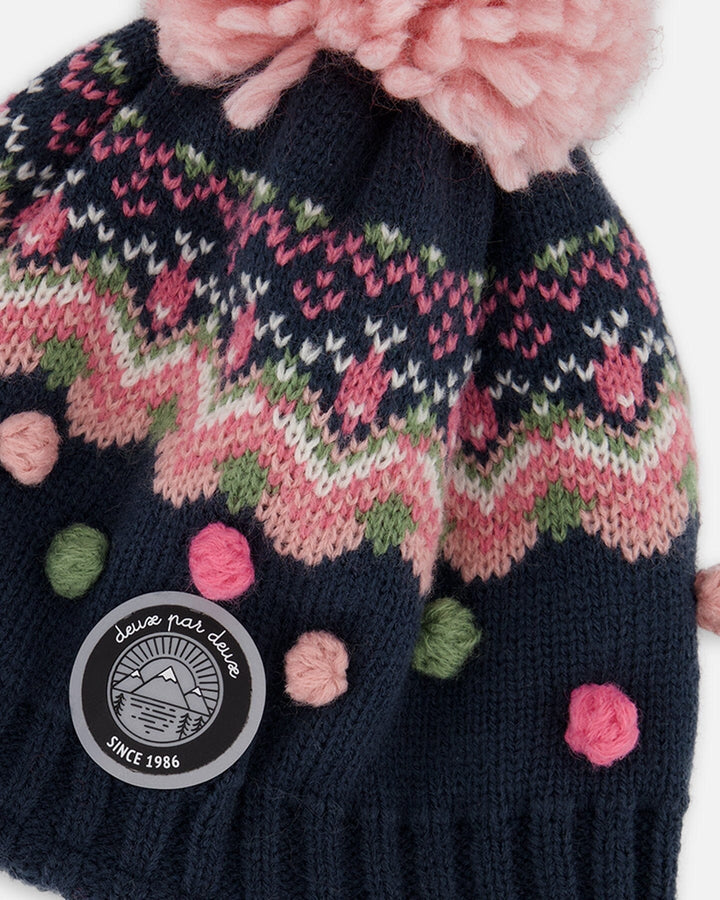 Lined Peruvian Knit Pompom Hat Navy Blue And Pink