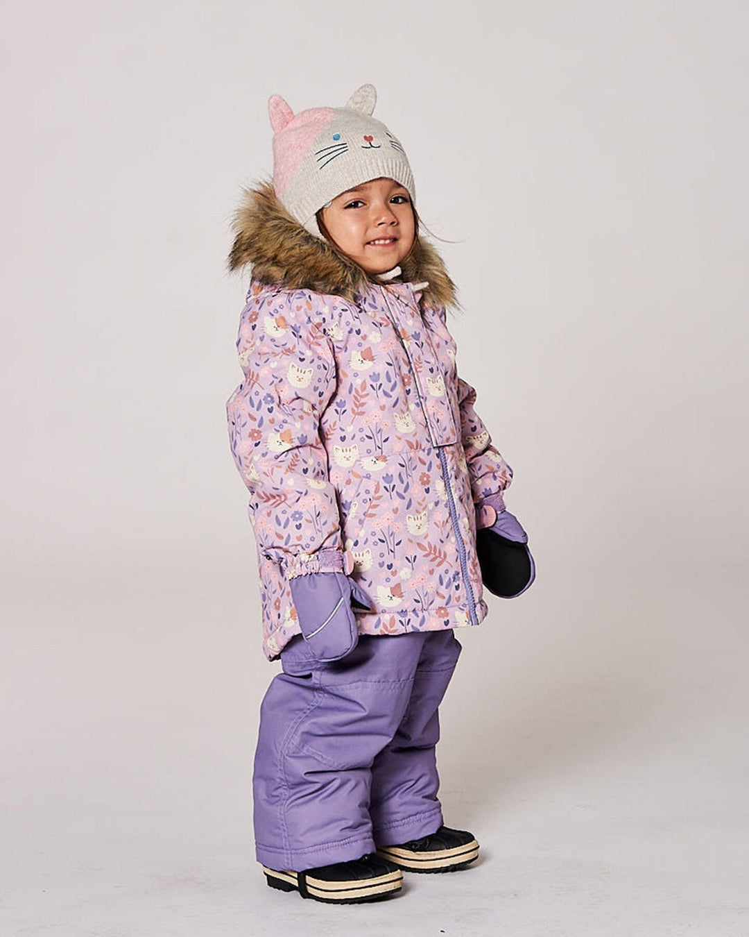 Lined Knit Hat With Ears Off-White And Pink
