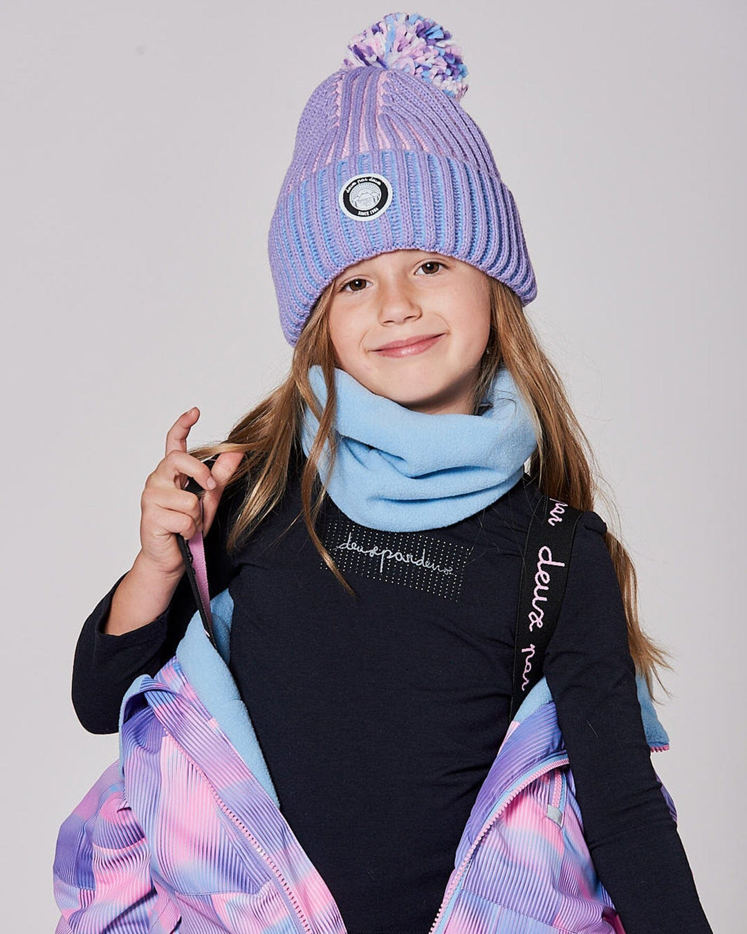 Lined Knit Pompom Hat Blue, Purple And Pink