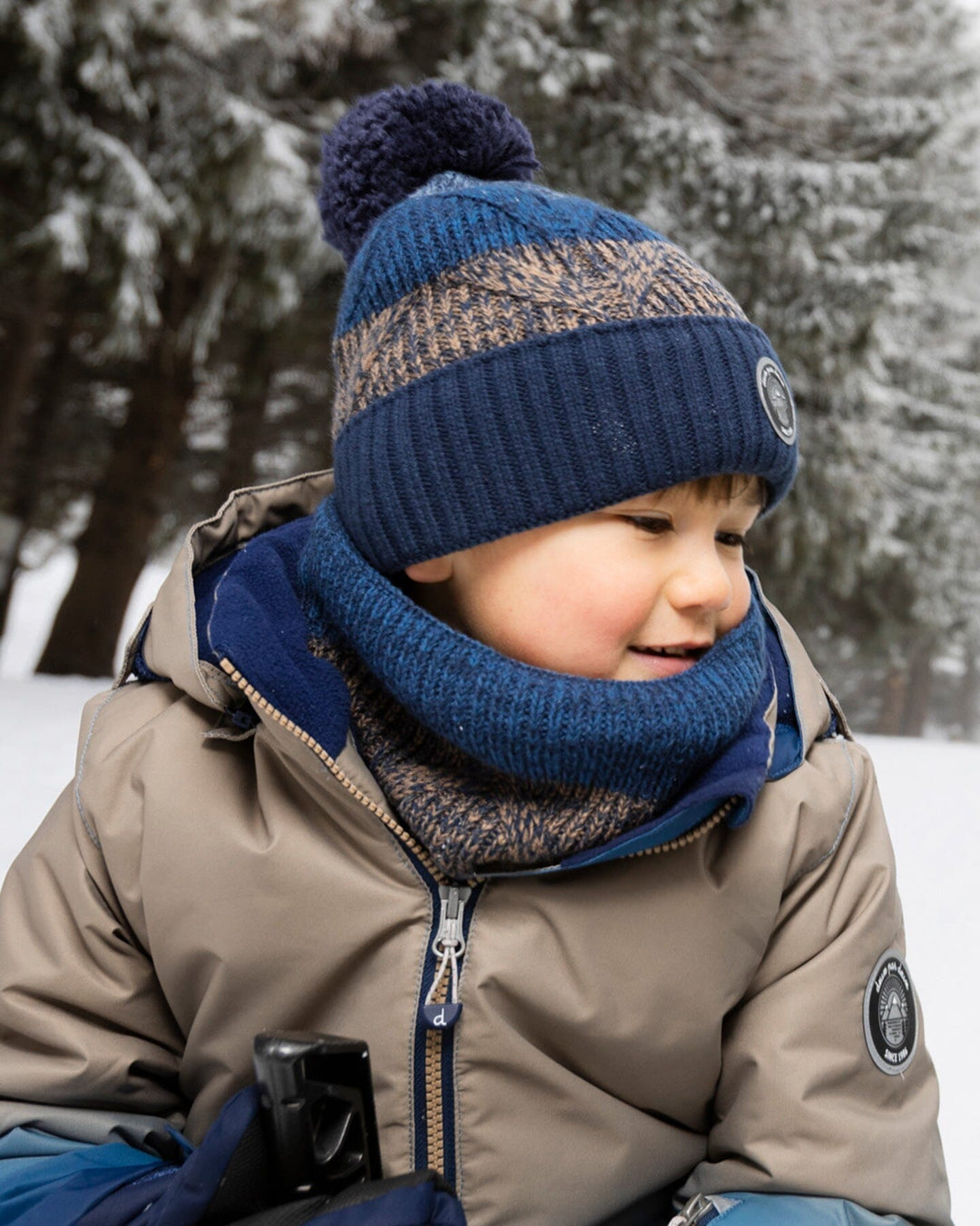 Lined Knit Pompom Hat Taupe And Navy