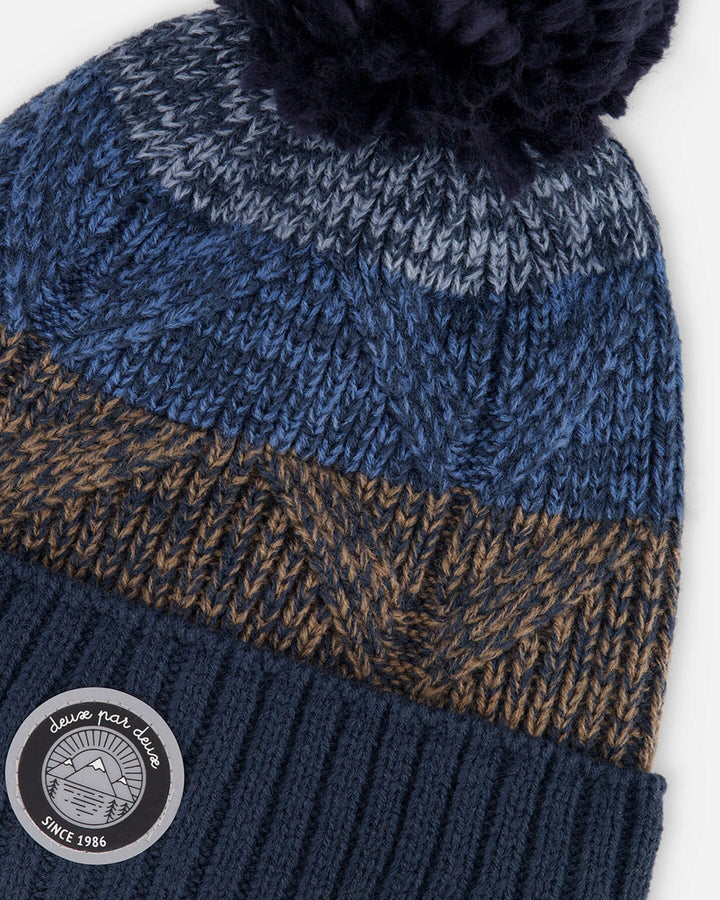 Lined Knit Pompom Hat Taupe And Navy