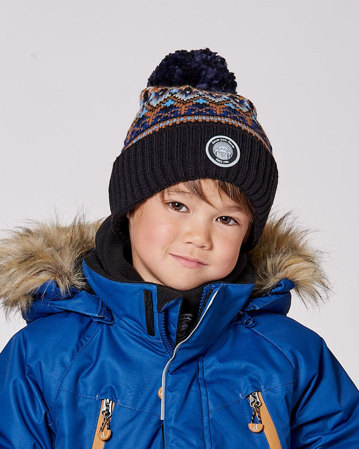 Lined Knit Winter Hat With Pompom Taupe And Navy