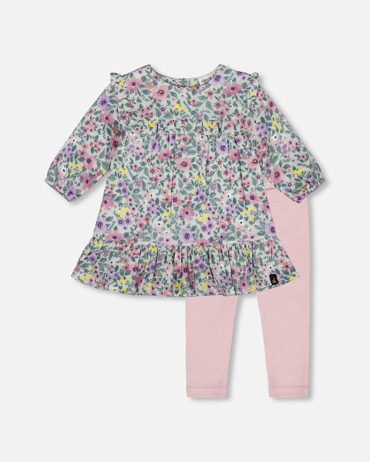 Printed Muslin Sage Floral Dress And Solid Leggings Set