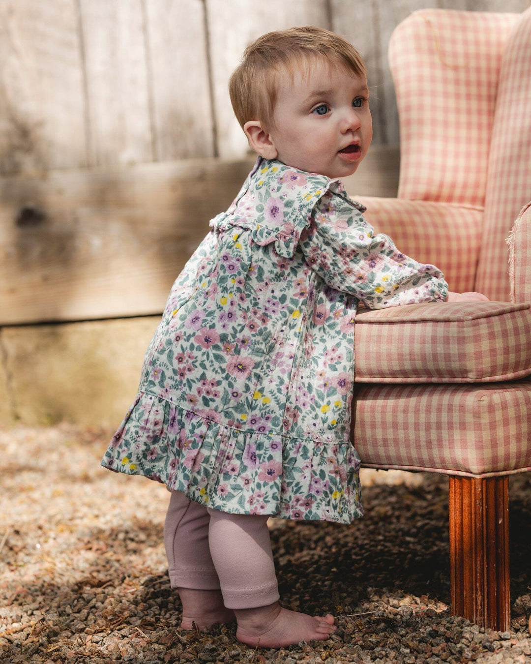 Printed Muslin Sage Floral Dress And Solid Leggings Set