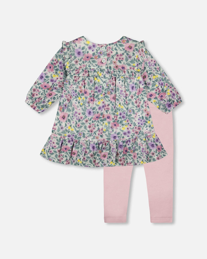 Printed Muslin Sage Floral Dress And Solid Leggings Set