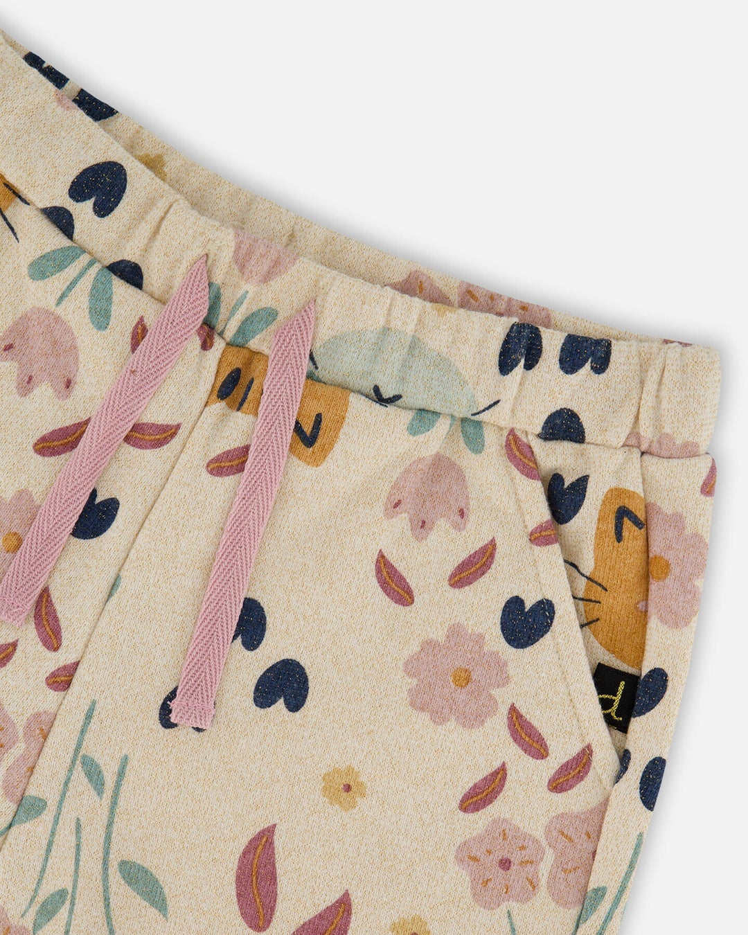 Glittering French Terry Sweatpant Beige Cat Print