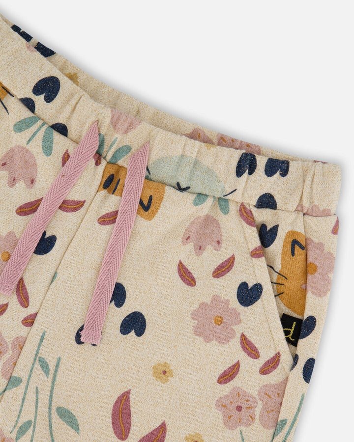 Glittering French Terry Sweatpant Beige Cat Print