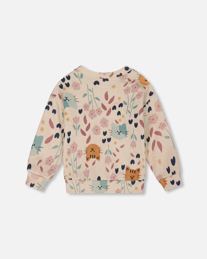 Glittering French Terry Sweatshirt Beige Cat Print