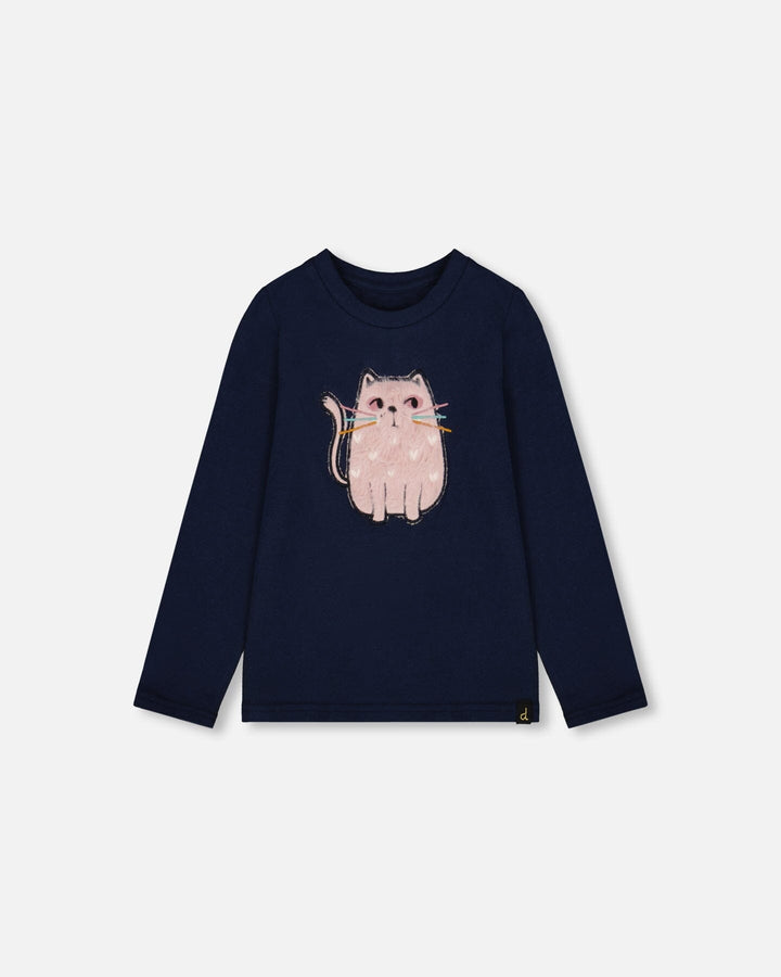 Organic Cotton T-Shirt Dark Blue With Cat