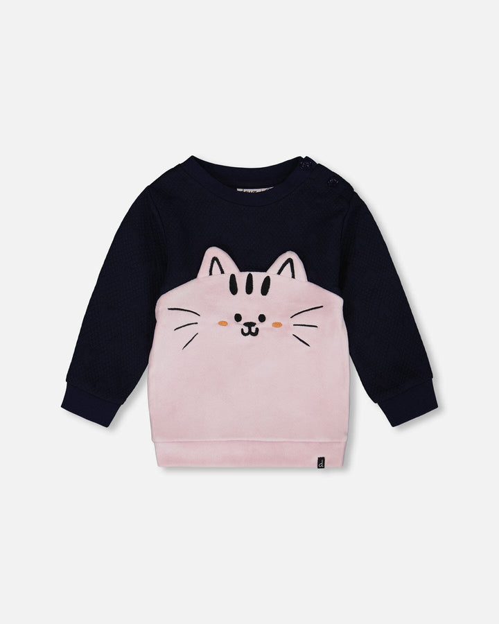 Long Bi-Material Top Dark Blue With Cat