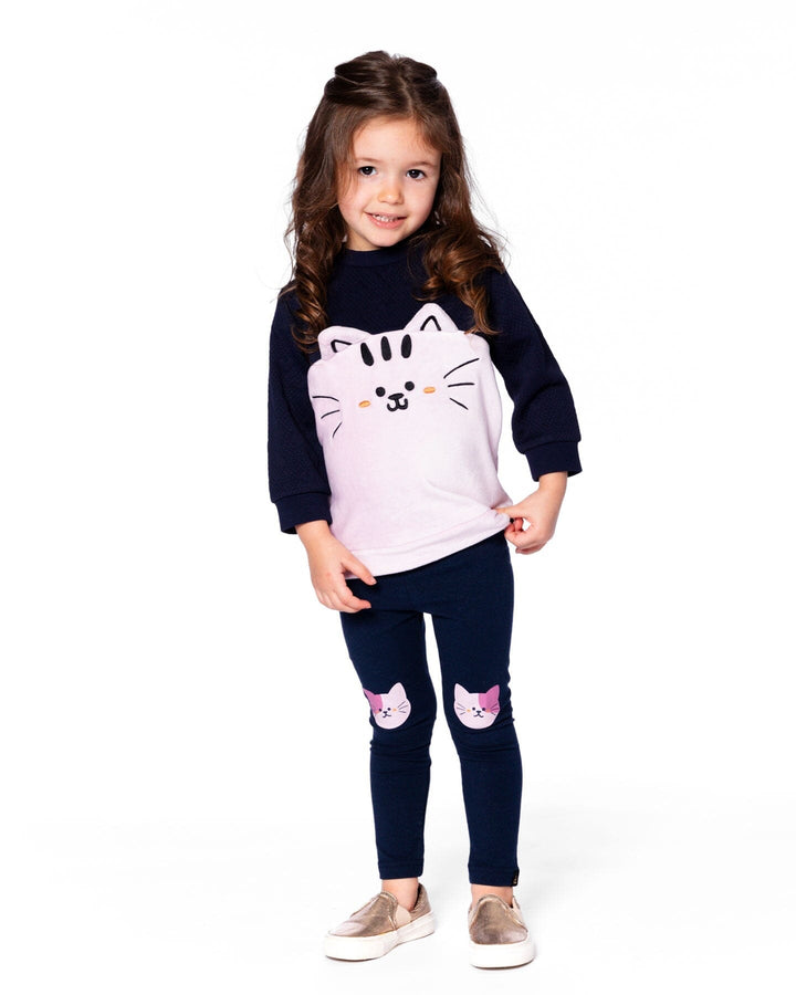 Long Bi-Material Top Dark Blue With Cat
