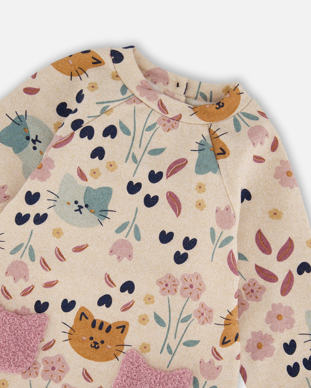 Glittering French Terry Dress Beige Printed Cat
