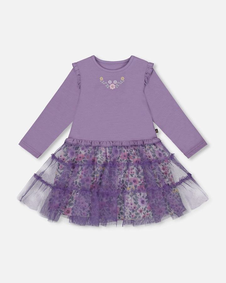 Bi-Material Dress With Muslin And Mesh Skirt Purple Gray