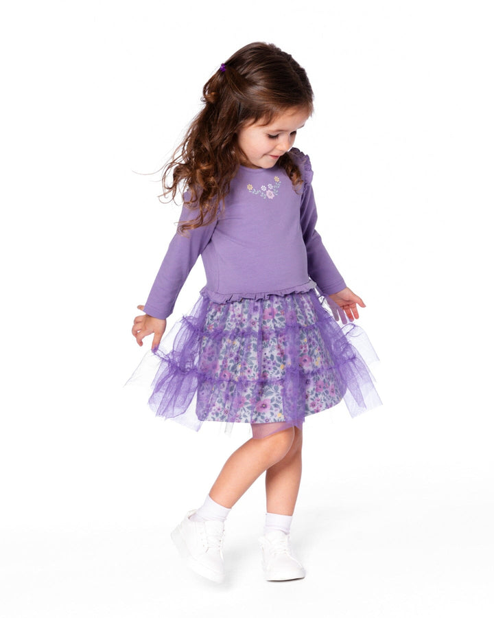 Bi-Material Dress With Muslin And Mesh Skirt Purple Gray
