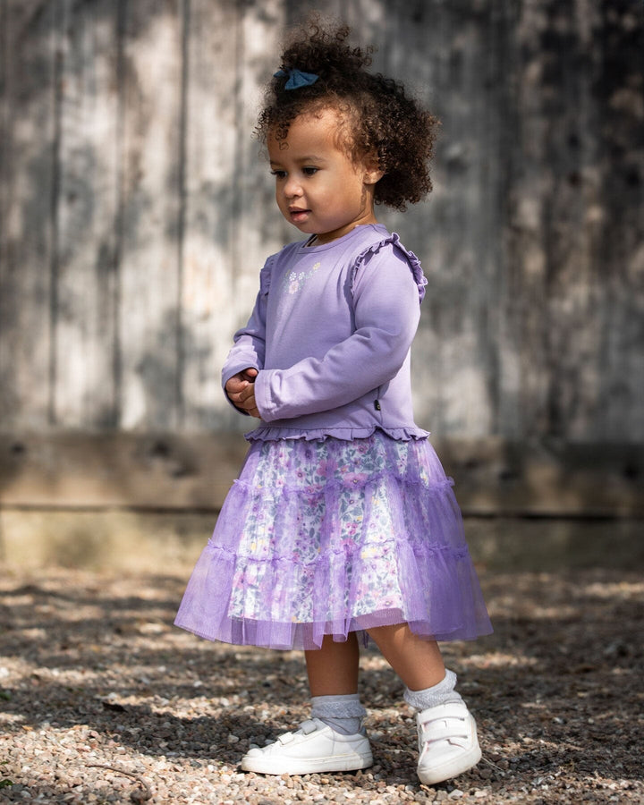 Bi-Material Dress With Muslin And Mesh Skirt Purple Gray
