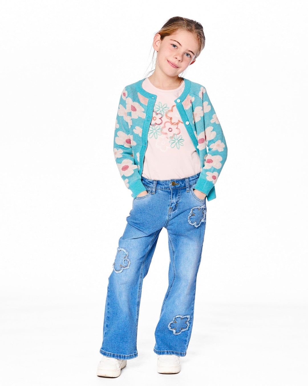 Wide Leg Stretch Light Blue Denim Jeans With Flower Stitching