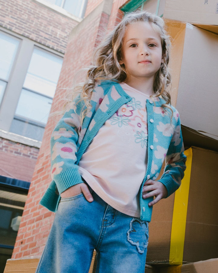 Organic Cotton Long Sleeve T-Shirt Light Pink With Big Flowers