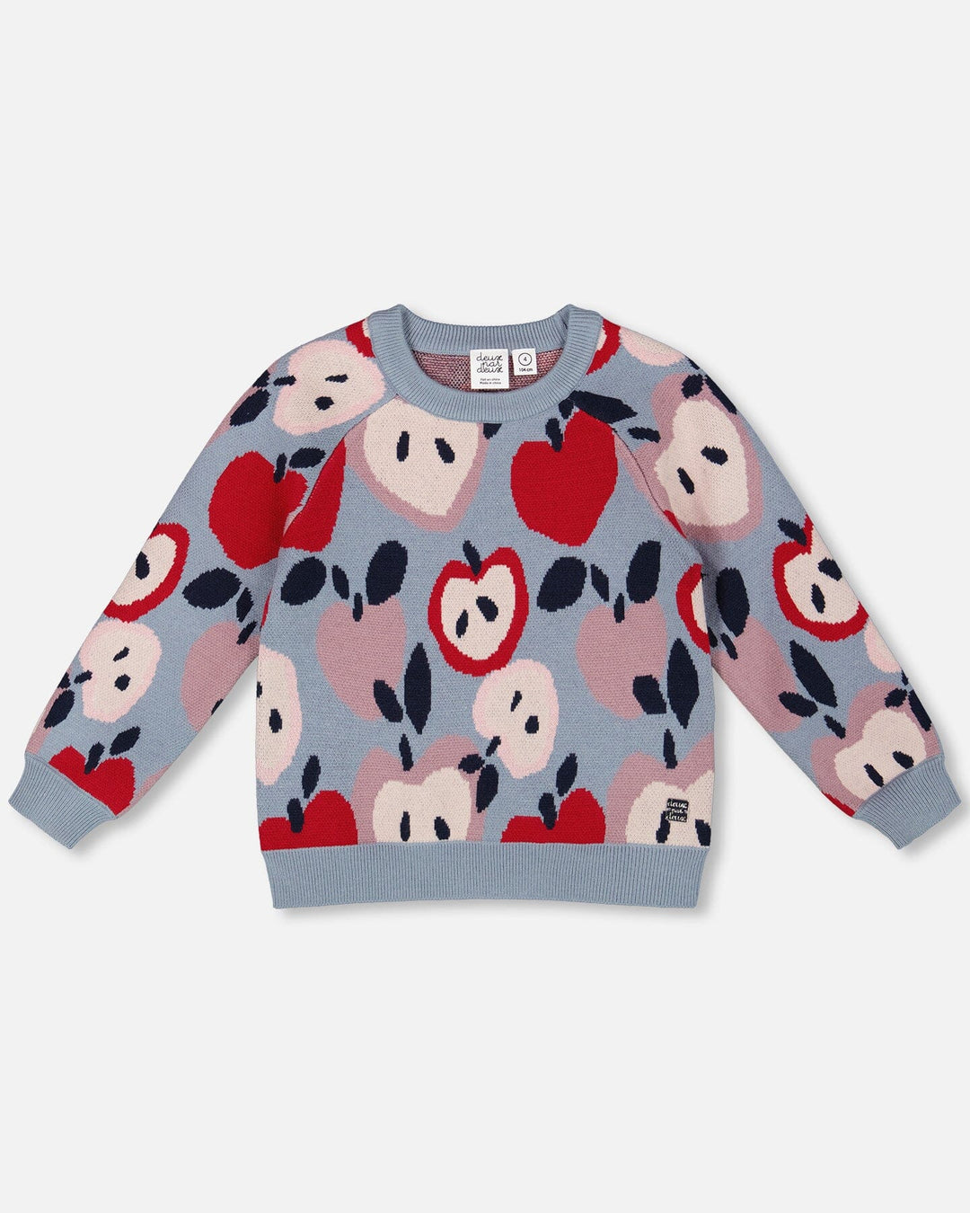 Knit Sweater Blue And Red With Apple Heart Jacquard