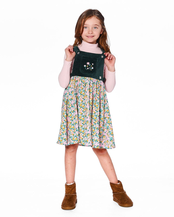 Bi-Material Overall Dress Green With Flower Print