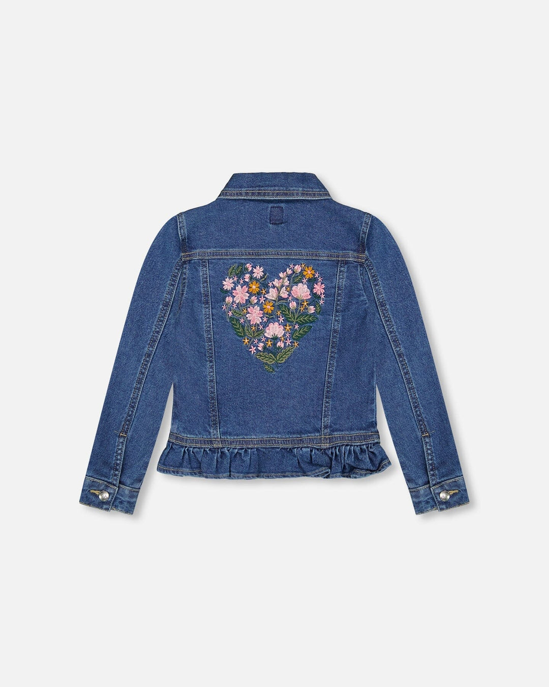 Denim Jacket Blue With Ruffle Hem And Floral Embroidery