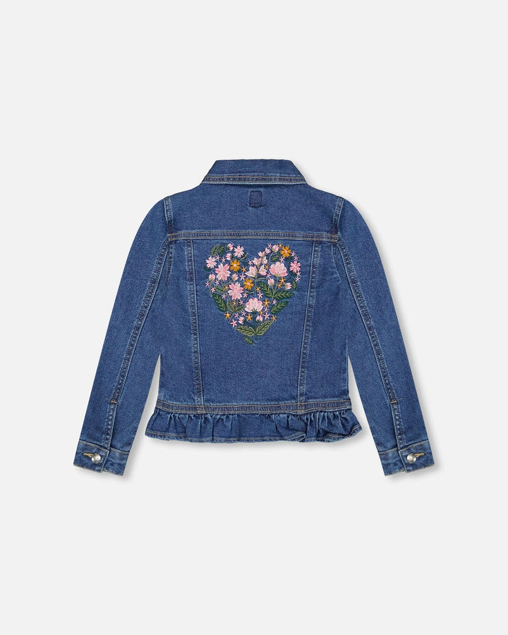Denim Jacket Blue With Ruffle Hem And Floral Embroidery