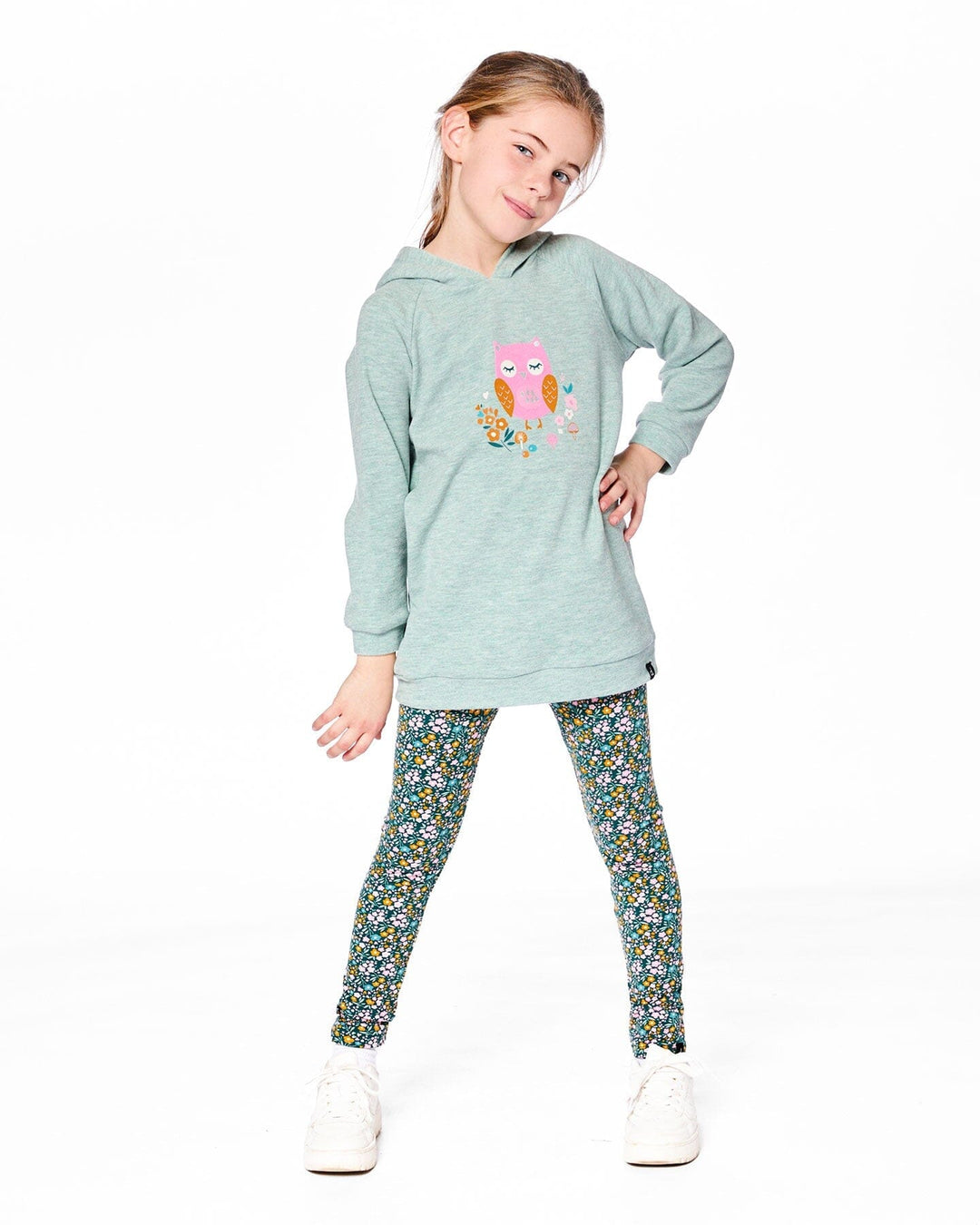 Hooded Tunic Sage Green With Owl Print