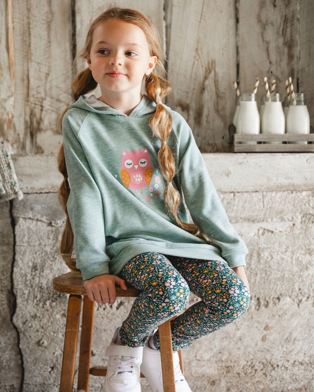 Hooded Tunic Sage Green With Owl Print
