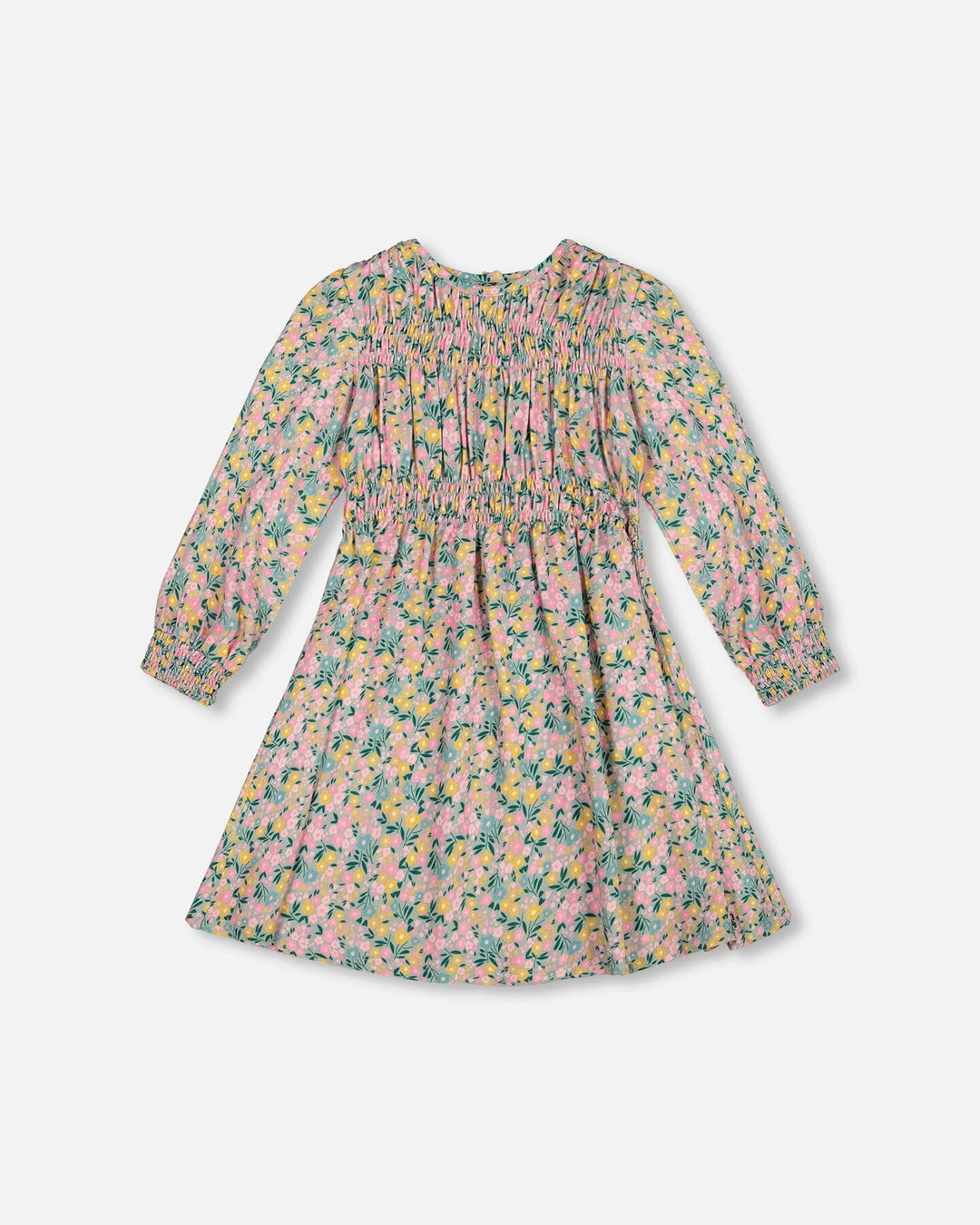 Smocked Viscose Dress Green With Floral Print