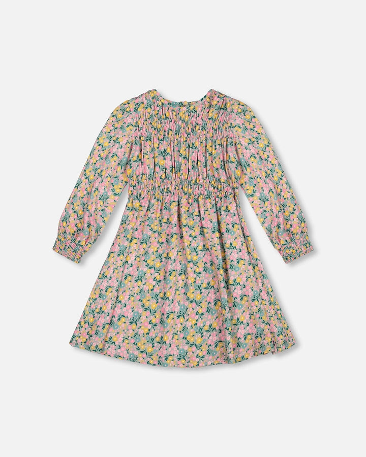 Smocked Viscose Dress Green With Floral Print