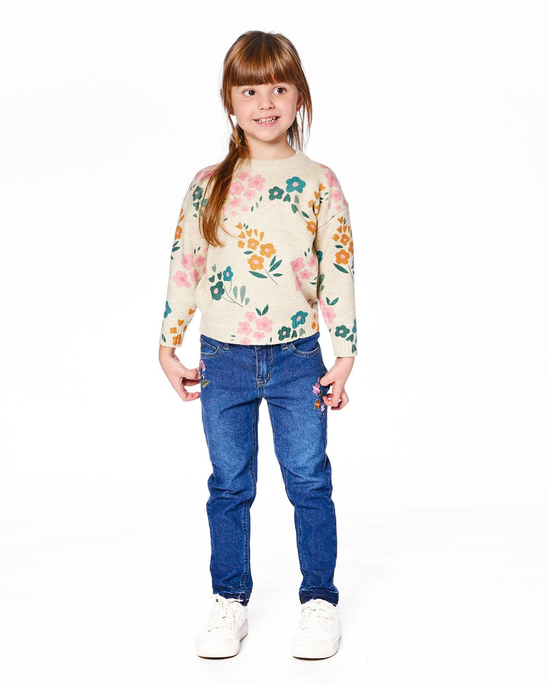 Knitted Sweater Heather Beige Gray With Floral Print