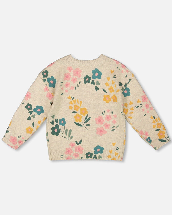 Knitted Sweater Heather Beige Gray With Floral Print