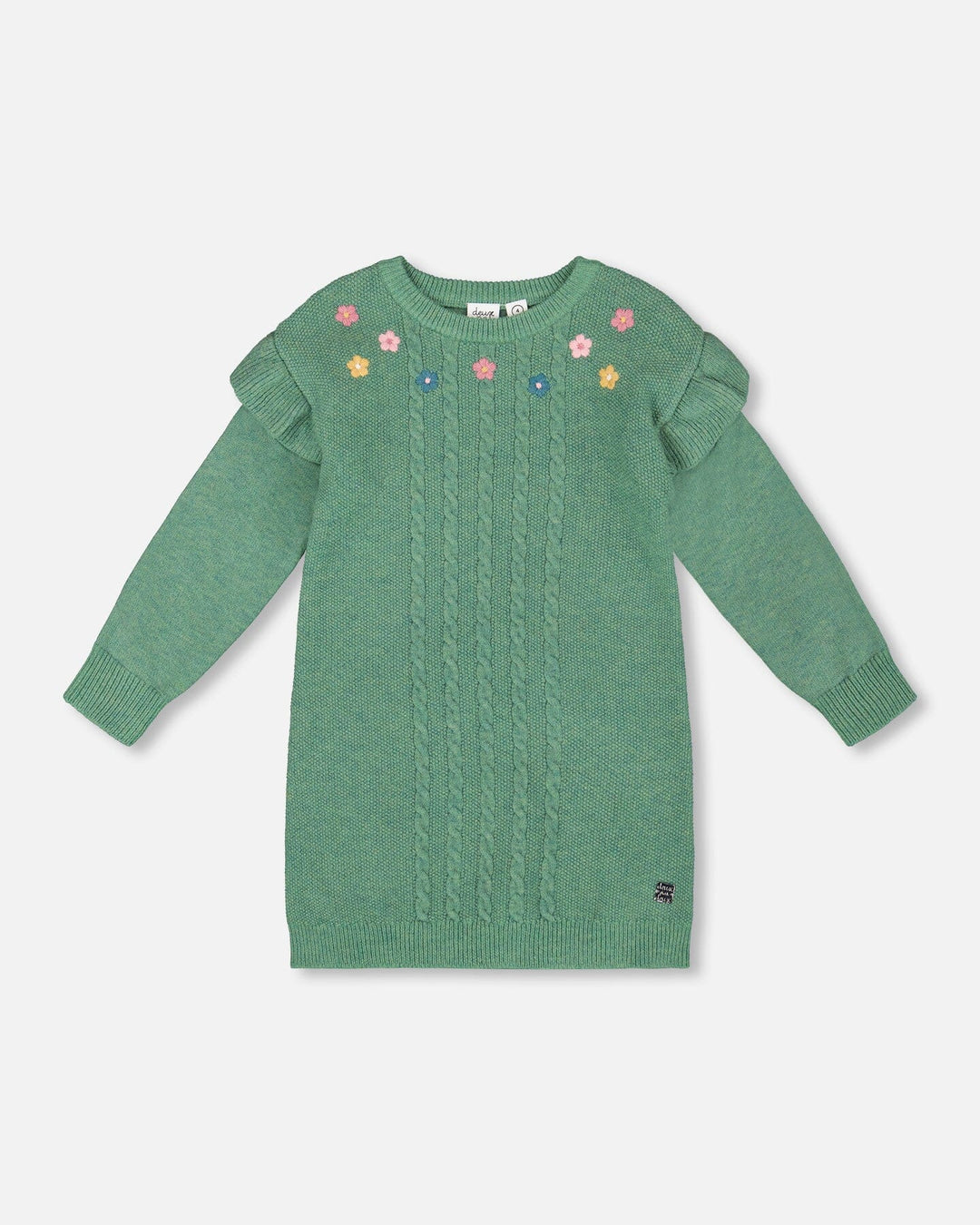 Knitted Dress Sage Green With Ruffles And Floral Embroidery