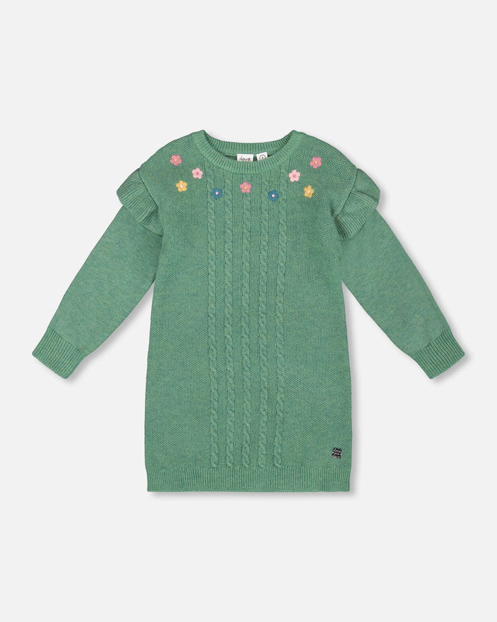 Knitted Dress Sage Green With Ruffles And Floral Embroidery