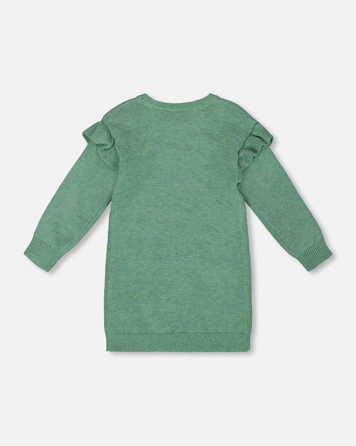Knitted Dress Sage Green With Ruffles And Floral Embroidery