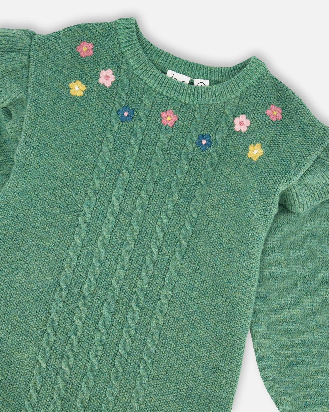 Knitted Dress Sage Green With Ruffles And Floral Embroidery