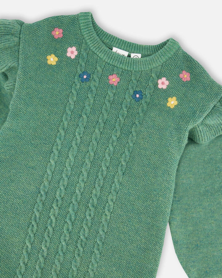 Knitted Dress Sage Green With Ruffles And Floral Embroidery