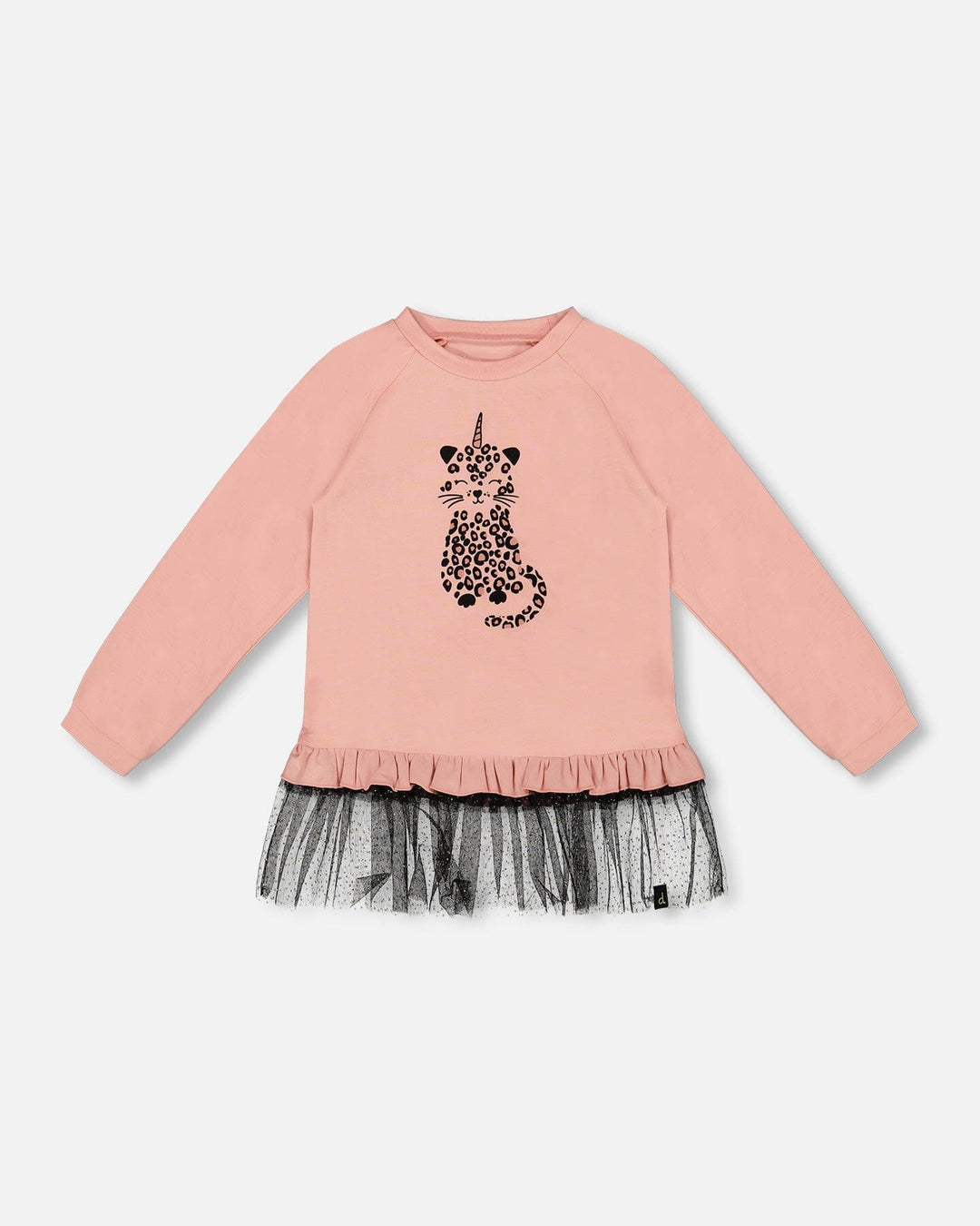 Long Bi-Material Top Dusty Pink With Mesh Ruffle Hem And Leopard Print