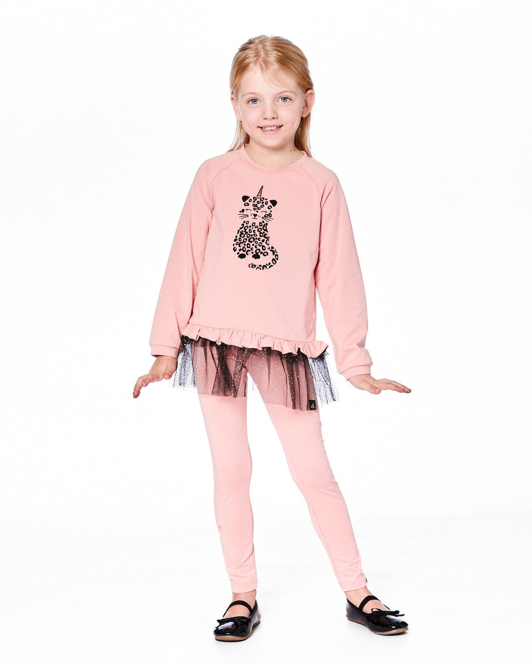 Long Bi-Material Top Dusty Pink With Mesh Ruffle Hem And Leopard Print