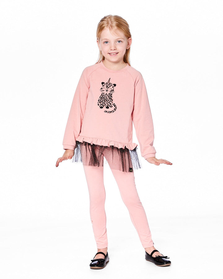 Long Bi-Material Top Dusty Pink With Mesh Ruffle Hem And Leopard Print