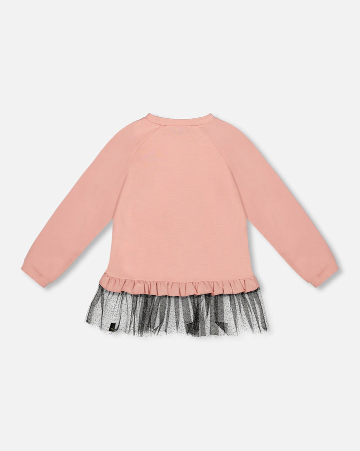 Long Bi-Material Top Dusty Pink With Mesh Ruffle Hem And Leopard Print