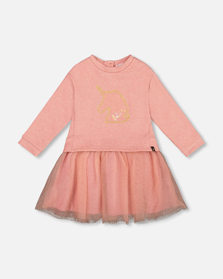 Bi-Material Dress Dusty Pink With Mesh Skirt And Unicorn
