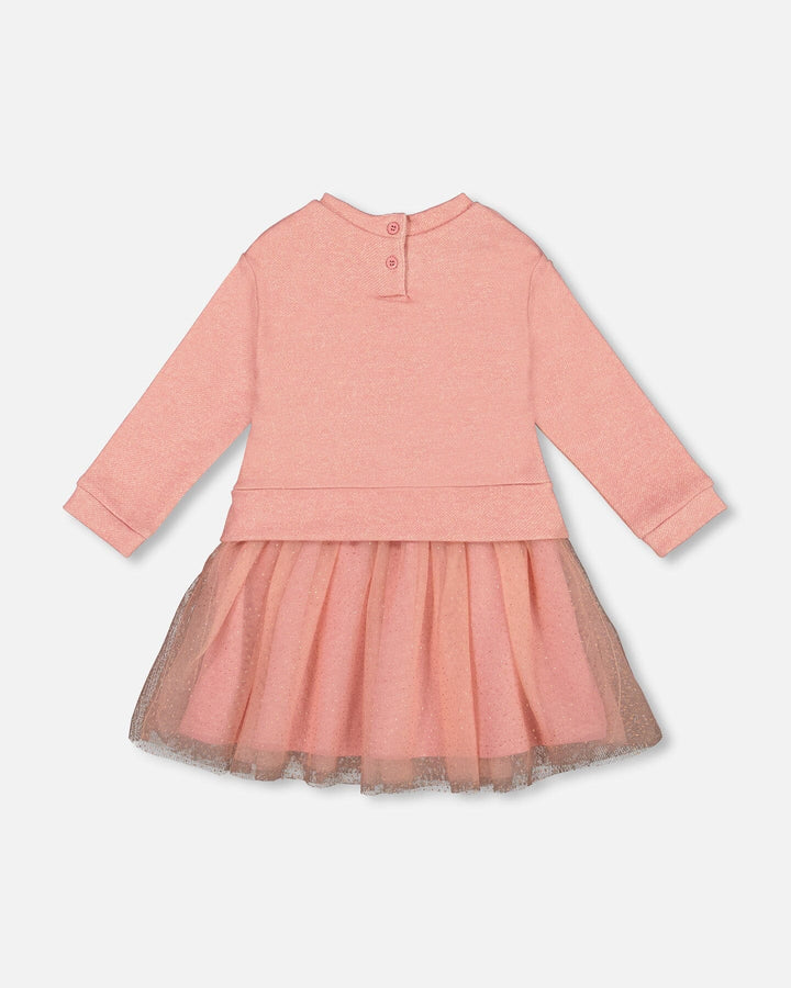 Bi-Material Dress Dusty Pink With Mesh Skirt And Unicorn