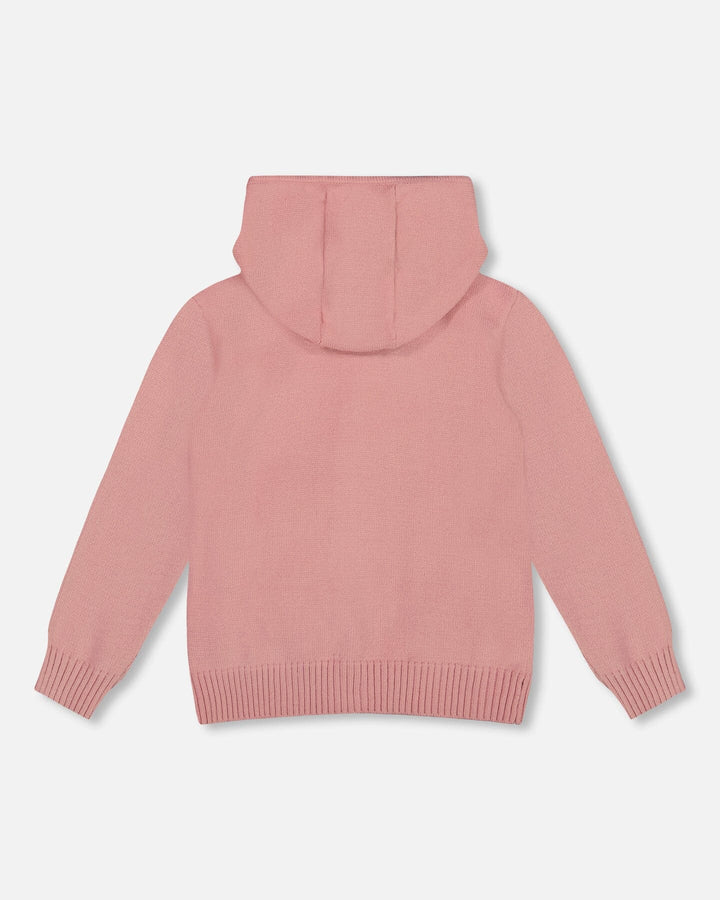Hooded Knit Cardigan Dusty Pink With Unicorn Intarsia