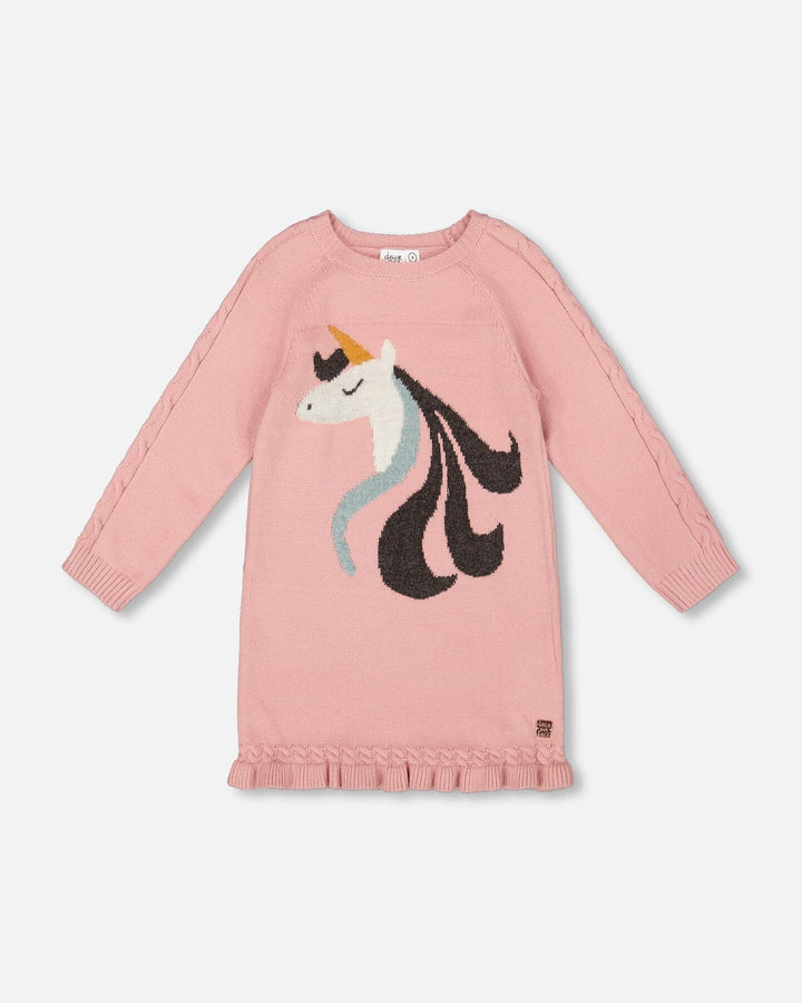 Knitted Dress Dusty Pink With Unicorn Intarsia