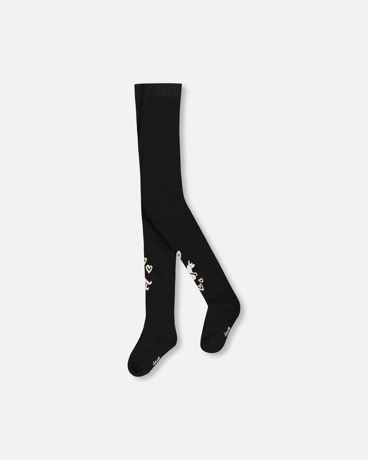 Knit Tights Black With Unicorns And Hearts