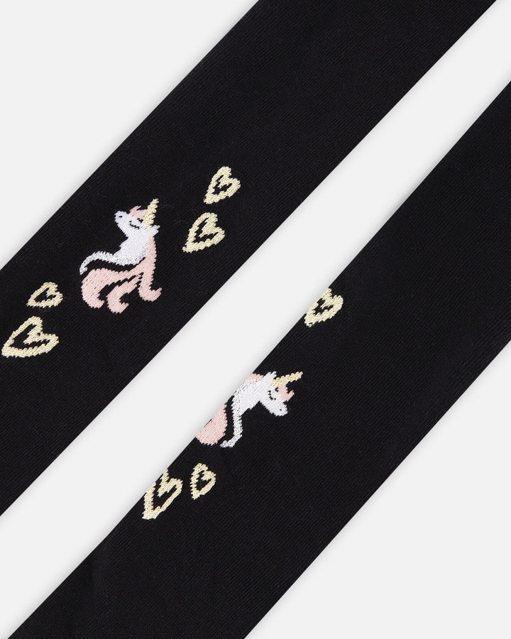 Knit Tights Black With Unicorns And Hearts